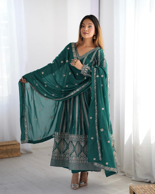 Demanding Sequence Work Teal Green Color Gown