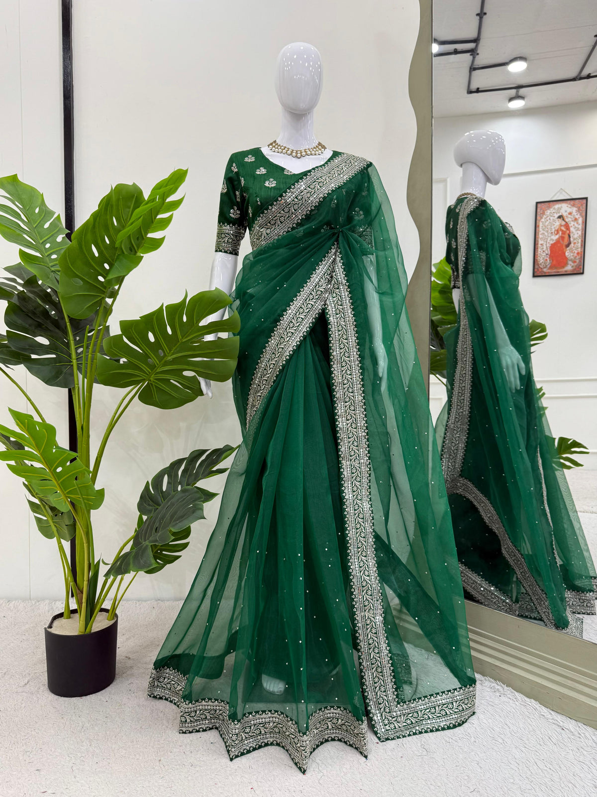 Diamond Work Green Color Silk Saree