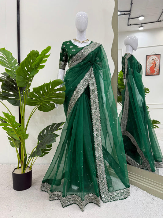 Diamond Work Green Color Silk Saree