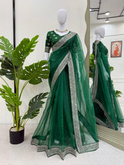 Diamond Work Green Color Silk Saree