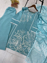 Lovely Blue Roman Silk Sequence Work Palazzo Suit