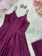 Party Wear Wine Color Satin Silk Plain Long Anarkali Suit