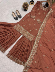Heavy Work Brown Color Unique Sharara Suit