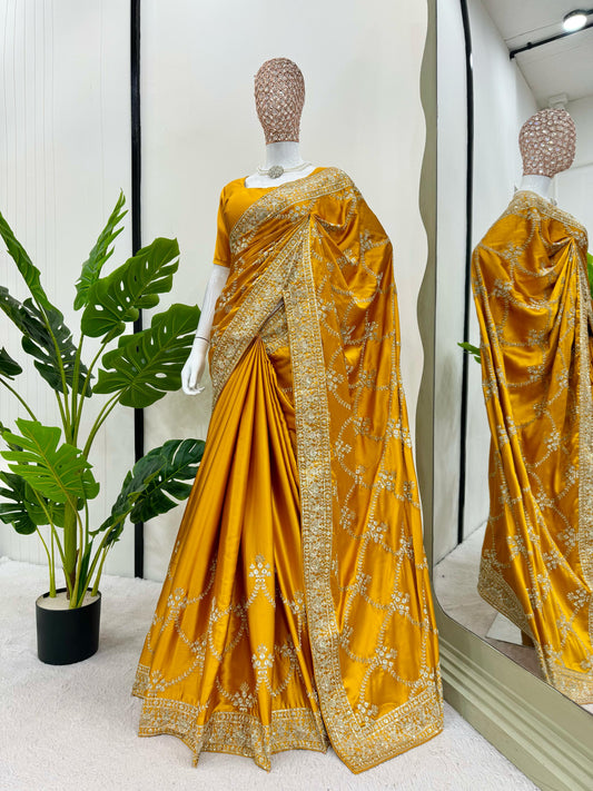Function Wear Satin Silk Yellow Color saree