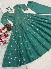 Adorable Green Simmer Silk Embroidery Anarkali Suit
