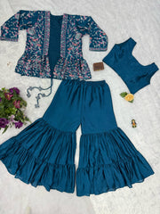 Function Wear Chinon Silk Teal Blue Color Sharara Suit