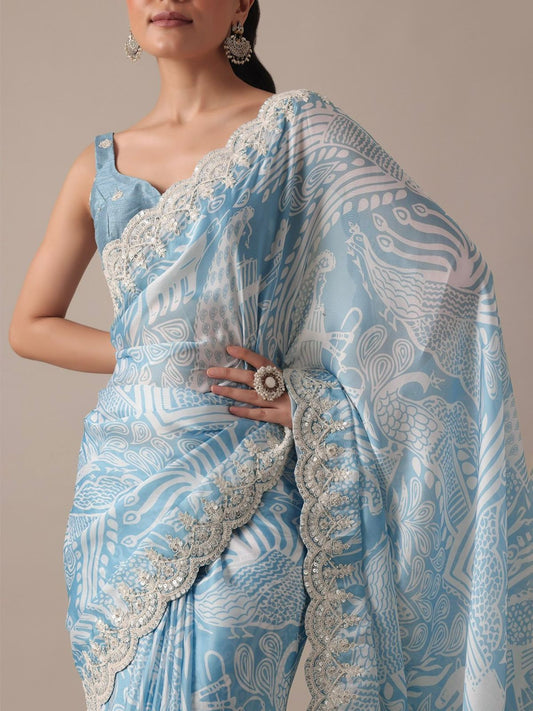 Fantastic Digital Prints Sky Blue Color Saree