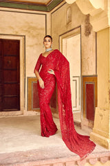 Luxuriant Red Color Georgette Embroidery Work Saree