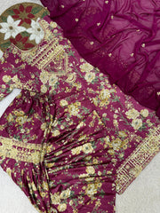 Stylish Wine Chinon Silk Embroidery Sharara Suit