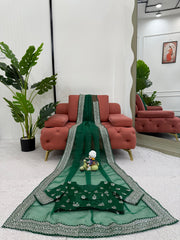 Diamond Work Green Color Silk Saree