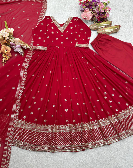 Wonderful Sequence Work Fully Stitched Red Gown