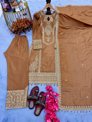 Imposing Chinon Silk Beige Color Top With Plazzo