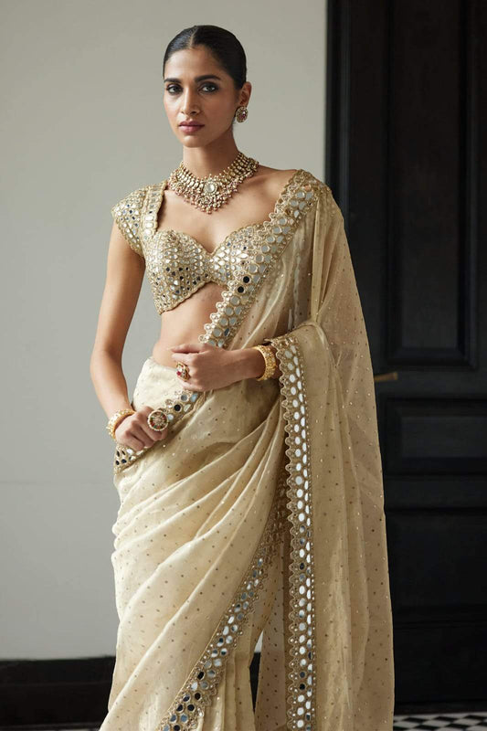 Stylish Cream Color Organza Mirror Work Saree