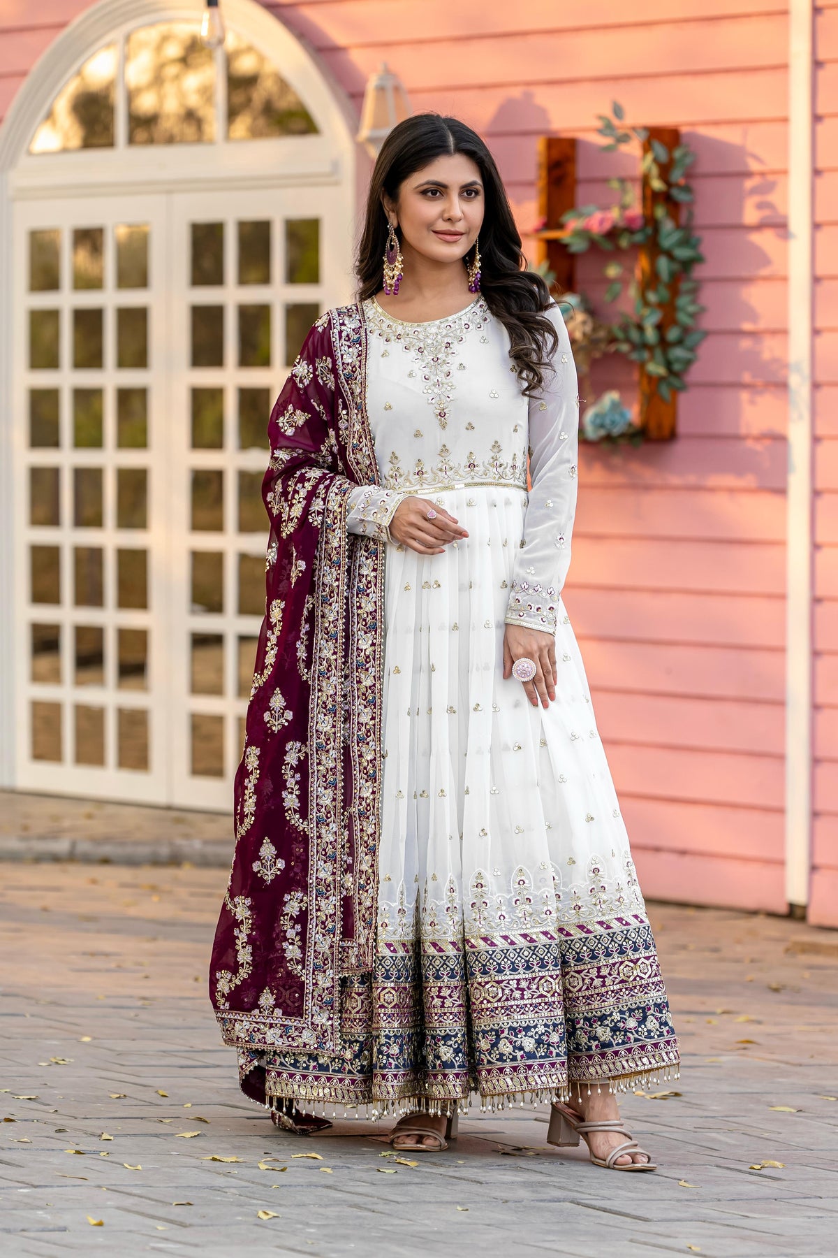 Preferable Georgette White Color Gown With Wine dupatta