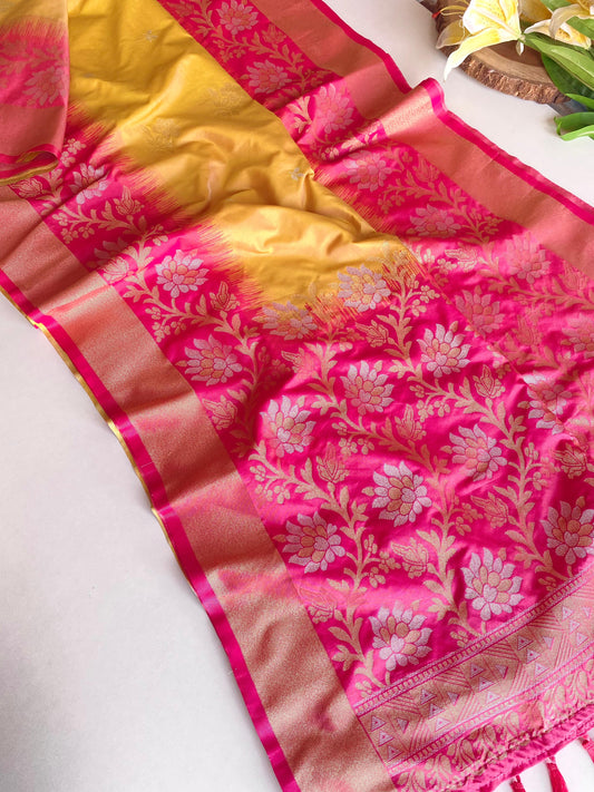 Pretty Tone Silk Yellow & Pink Color saree