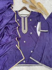 Pretty Purple Crush Silk Embroidery Work Palazzo Suit