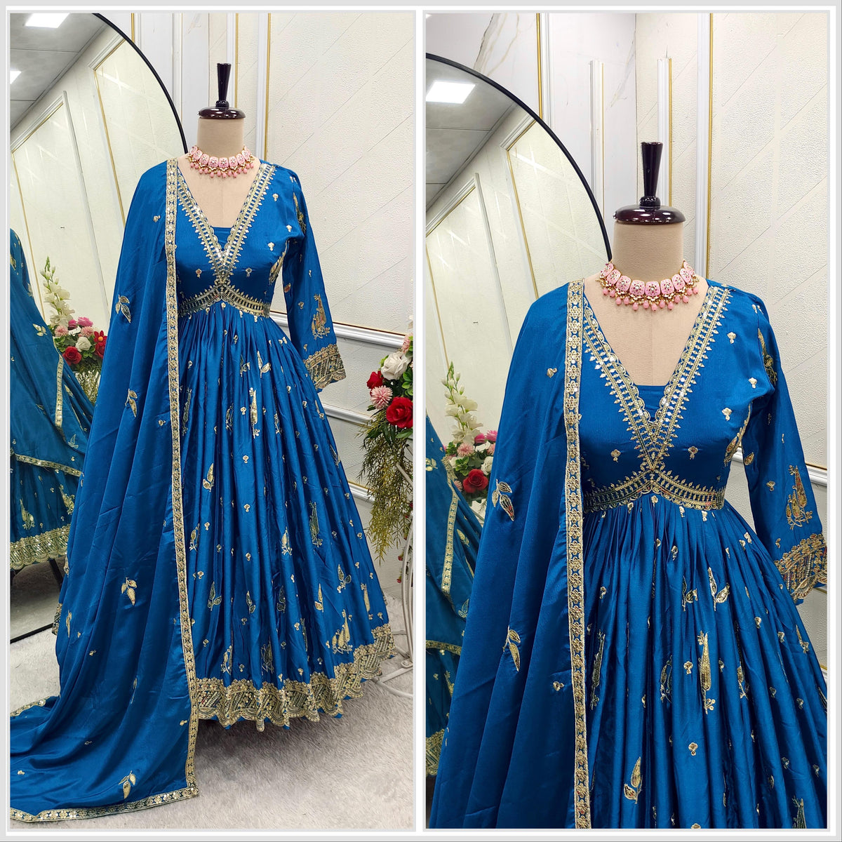 Flattering Embroidery Sequence Work Blue Color Gown