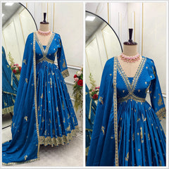 Flattering Embroidery Sequence Work Blue Color Gown