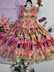 Pretty Multi Color Chinon Silk Embroidery Work Gown