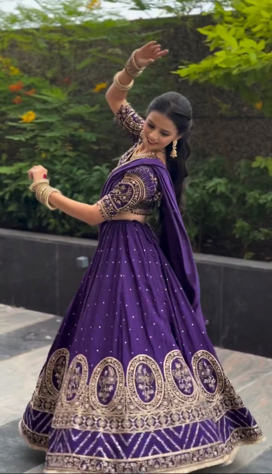 Glorious Purple Vichitra Silk Embroidery Lehenga Choli