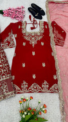 Elegant Embroidery Work Red Color Sharara Suit