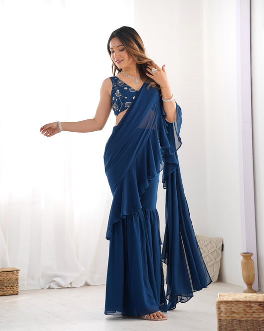 Stylish Teal Blue Draped Saree