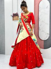 Lovely Kalamkari Print Real Handwork Red Color lehenga choli