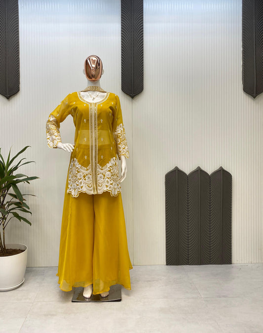 Outstanding Sequence Embroidery Work Yellow Color Palazzo Suit