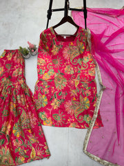 Flattering Embroidery Work Multi Pink Color Sharara Suit