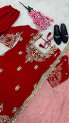 Elegant Embroidery Work Red Color Sharara Suit
