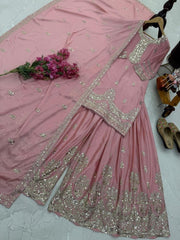 Designer Peach Color Heavy Work Chinon Silk Palazzo Suit