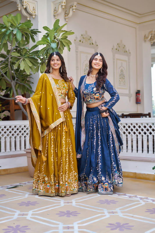 Exclusive Mustard Vichitra Embroidery Work Lehenga