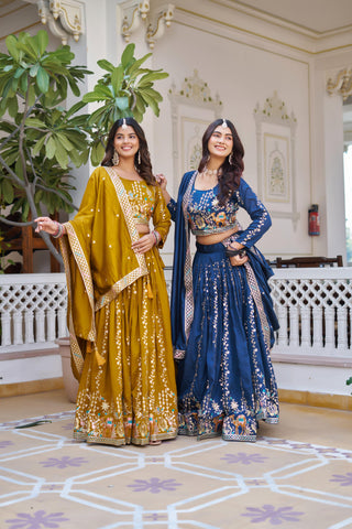 Exclusive Mustard Vichitra Embroidery Work Lehenga