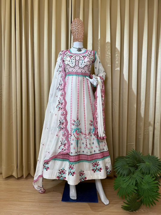 Gorgeous White Chinon Embroidery Work Gown