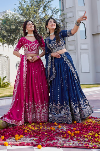 Gorgeous Pink Vichitra Thread Work Lehenga Choli