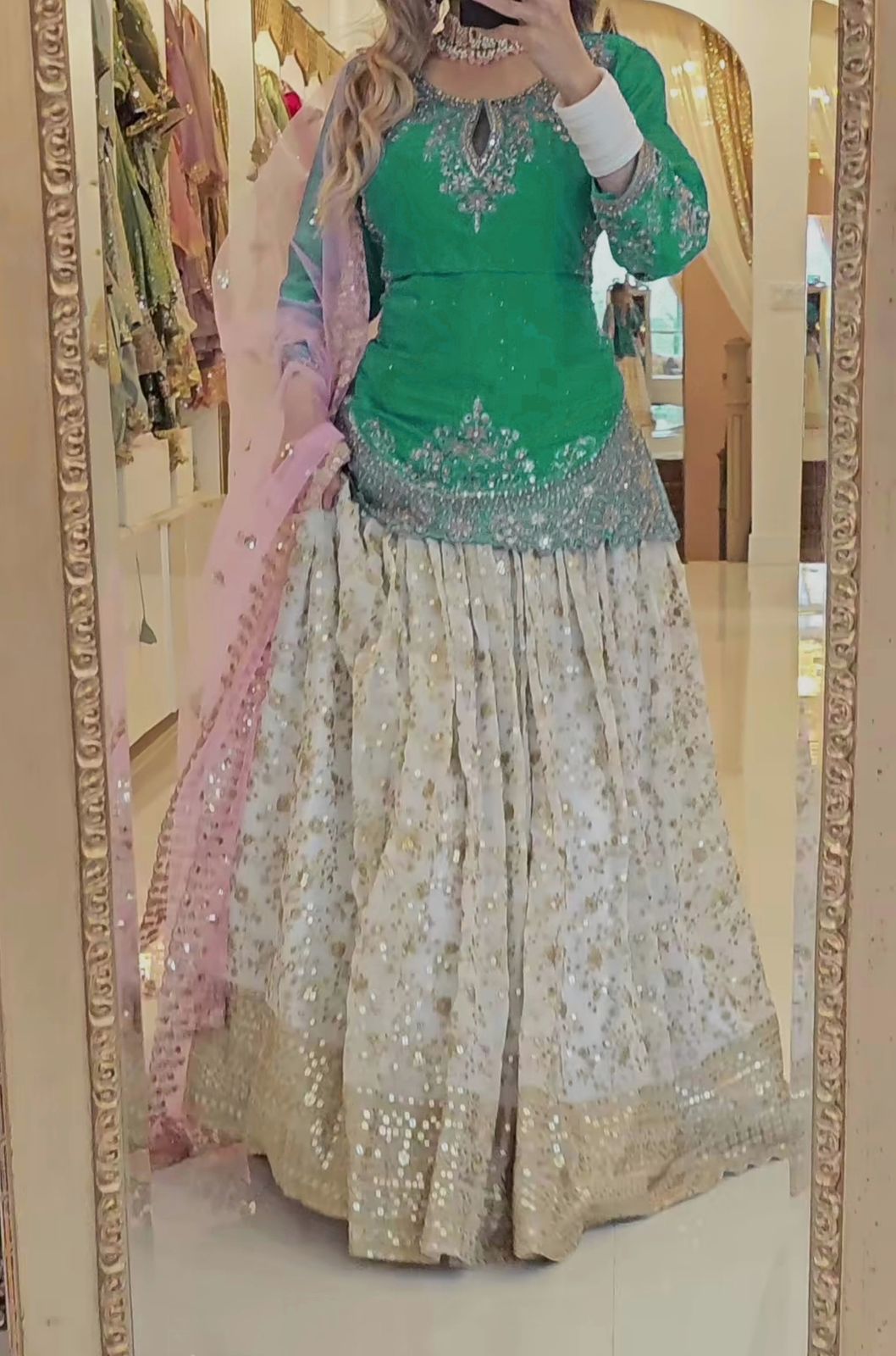 Outstanding Embroidery Work Green Color Top With Lehenga