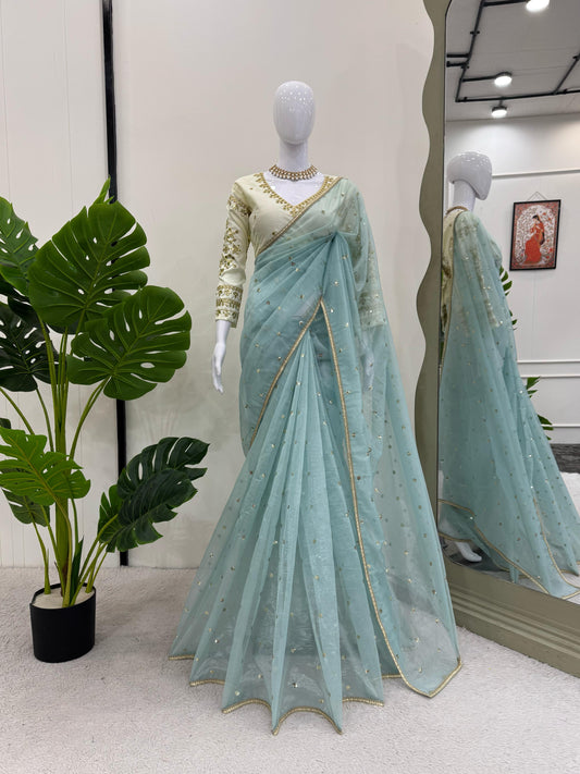Outstanding Sequnce Work Net Sky Blue Color Saree