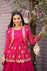 Function Wear Bandhej Pink Color Top With Lehenga With Koti