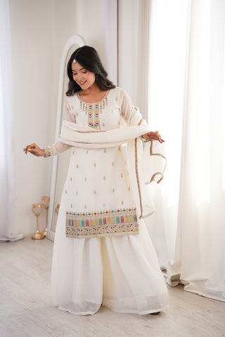 Charming White Silk Fancy Embroidery Sharara Suit