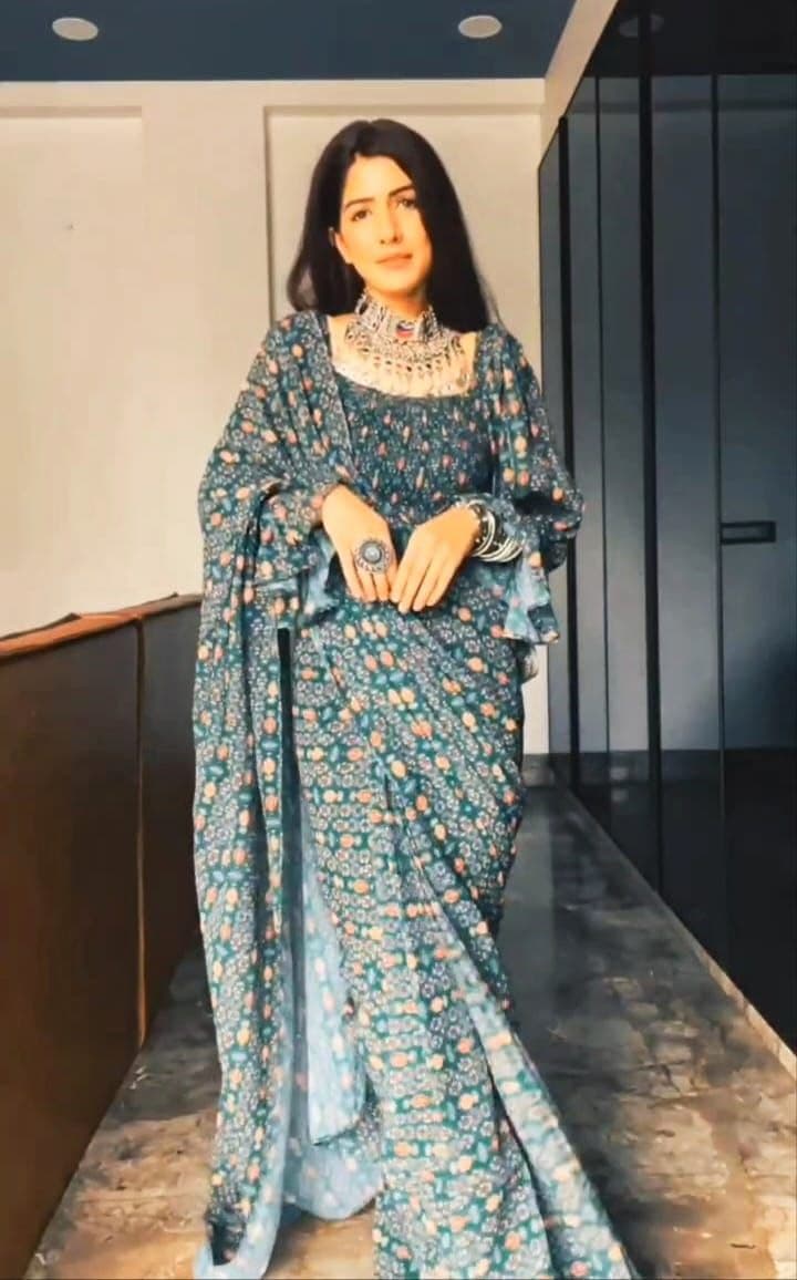 Outstanding Digital Print Teal Blue Color Designer Saree