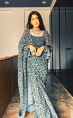 Outstanding Digital Print Teal Blue Color Designer Saree