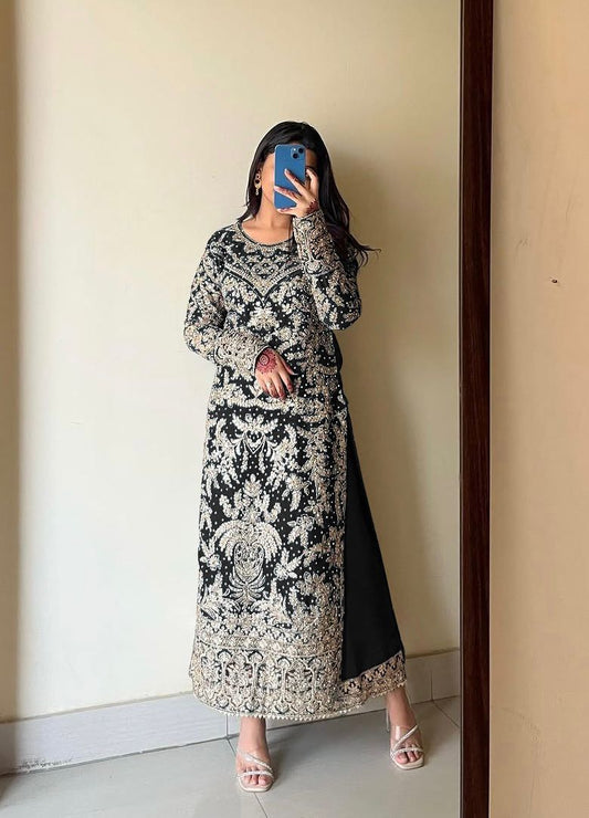 Peaceful Heavy Embroidery Work Black Color Palazzo With Dupatta Set