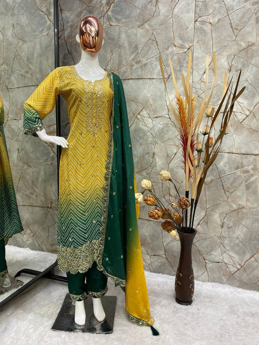 Precious Embroidery Work Yellow With Green Color Salwar Suit
