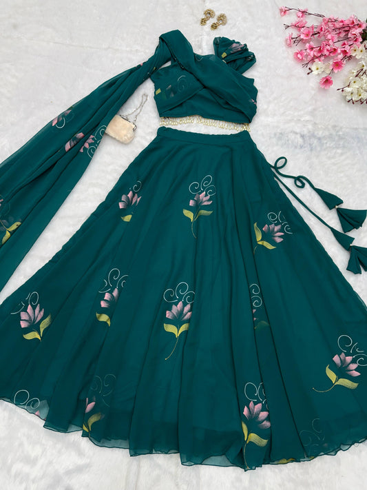 Wonderful Georgette Green Color Top With Lehenga