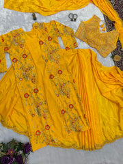 Designer Embroidery Work Yellow Color Ready To Wear Saree With Koti