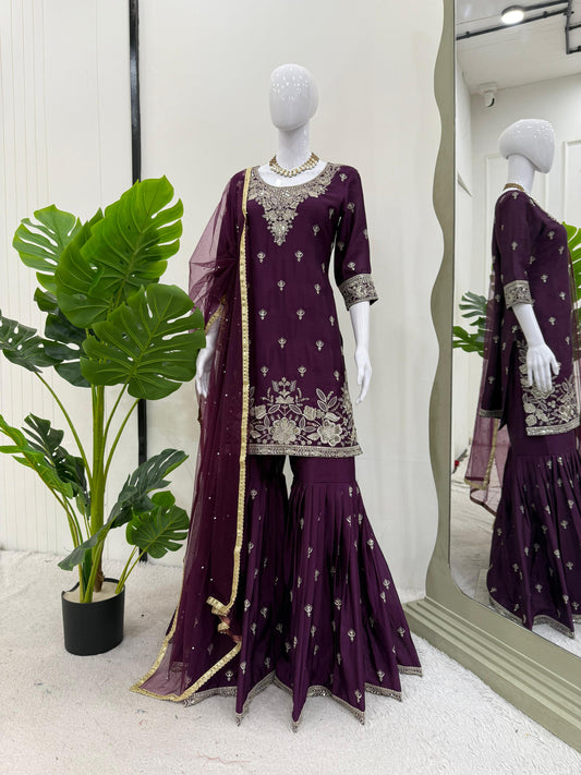 Delightful Wine Color Sequence Work Sharara Suit