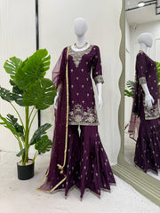 Delightful Wine Color Sequence Work Sharara Suit