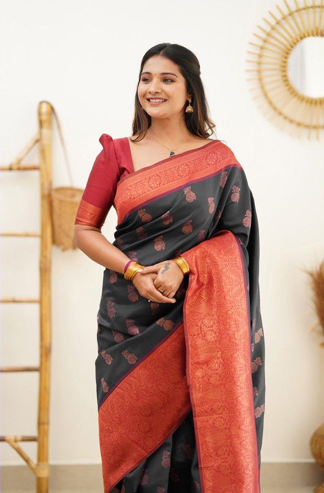 Lovely Black Color Coper Jari Work Silk Saree