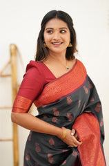 Lovely Black Color Coper Jari Work Silk Saree