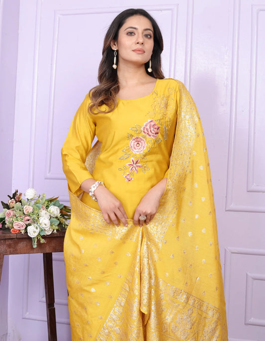 Haldi Wear Yellow Russian Silk Salwar Suit With Banarasi Dupatta